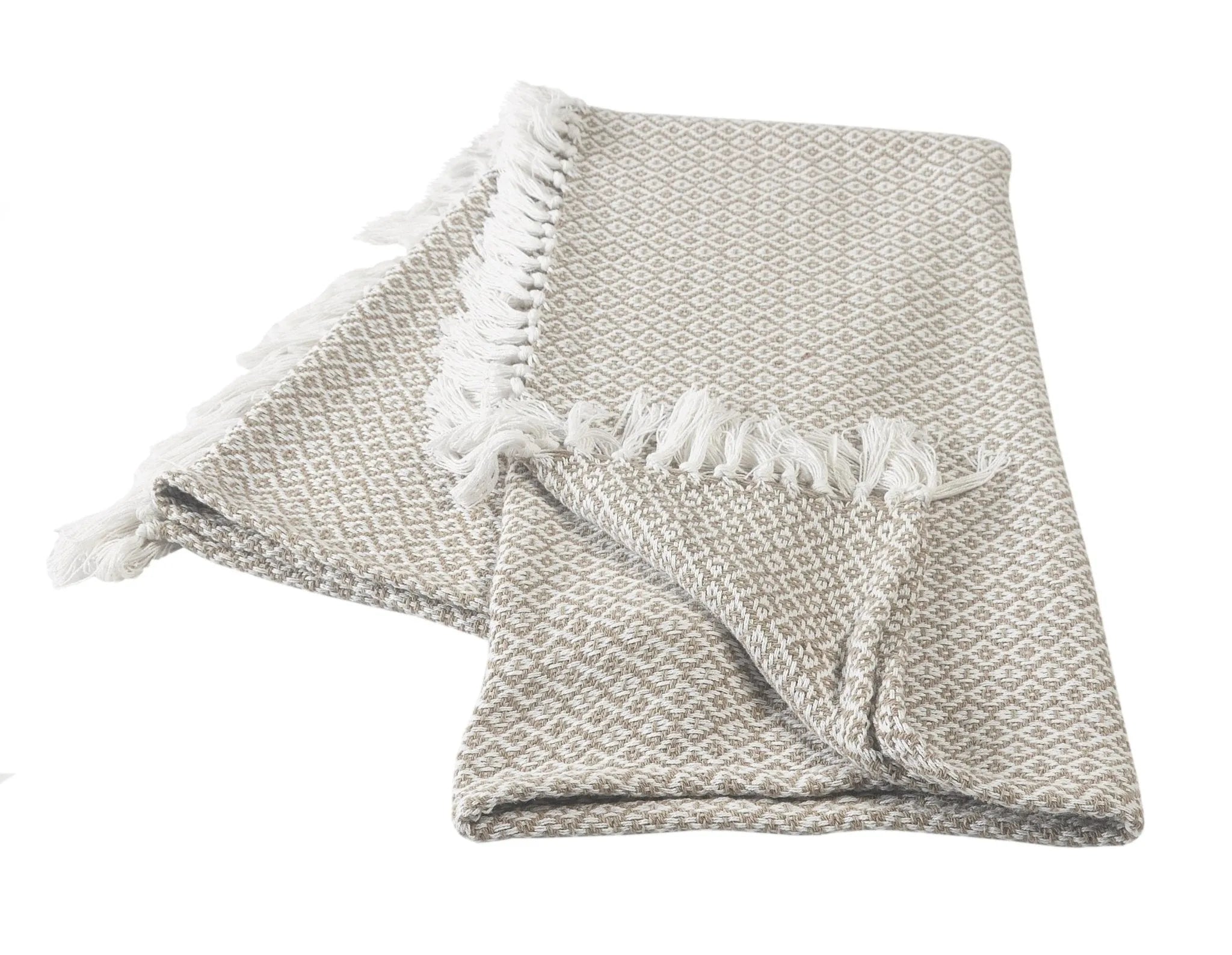 Beige and Ivory Diamonds Fringe LR80180 Throw Blanket - Baconco