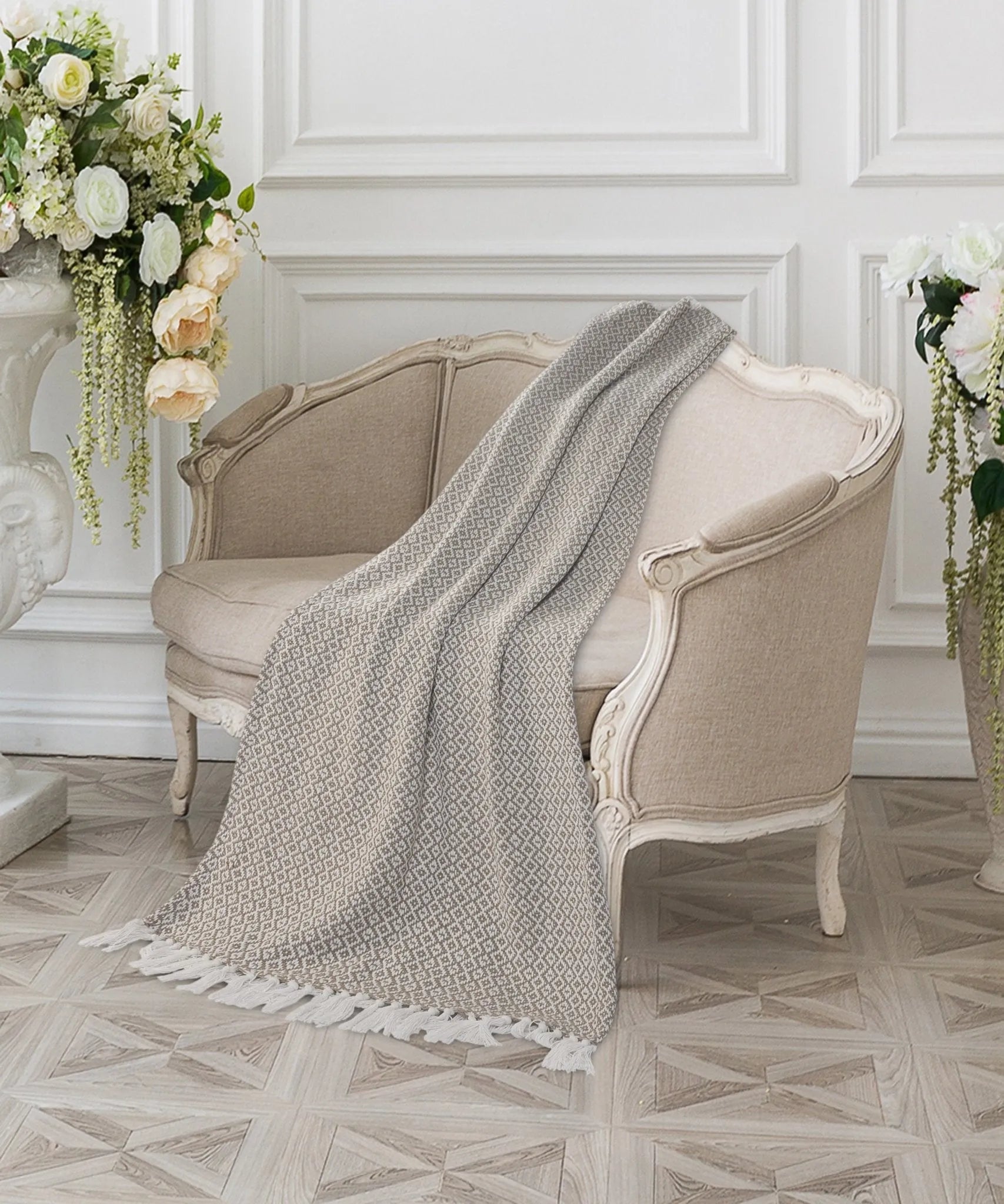 Beige and Ivory Diamonds Fringe LR80180 Throw Blanket - Baconco