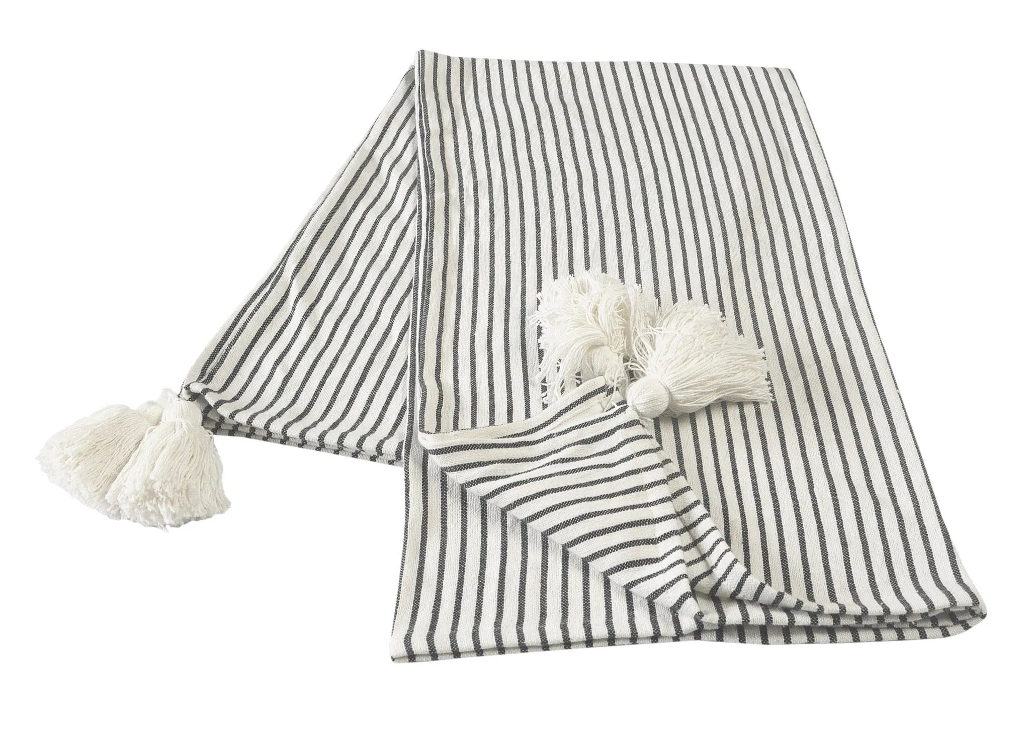 Black and Ivory Striped Tasseled LR80178 Throw Blanket - Baconco