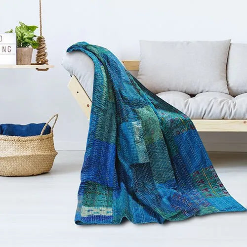 Kantha 80155TBE Tonal Blue Throw Blanket - Baconco