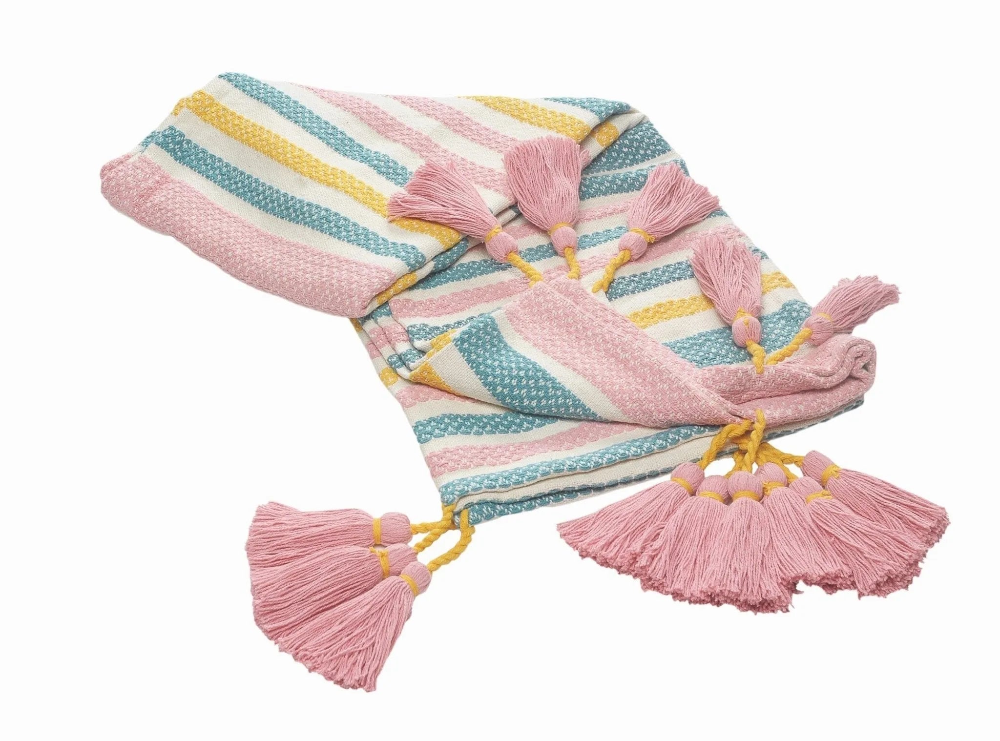 Pink, Blue, and Sunny Striped with Tassels LR80182 Throw Blanket - Baconco