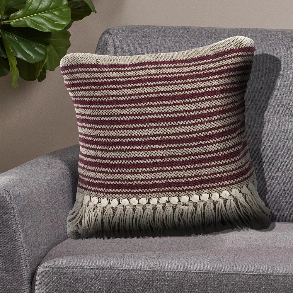 Striped Maroon Fringed LR07316 Throw Pillow - Baconco